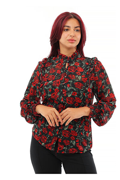 SUGA Puff sleeve chiffon blouse with rose prints