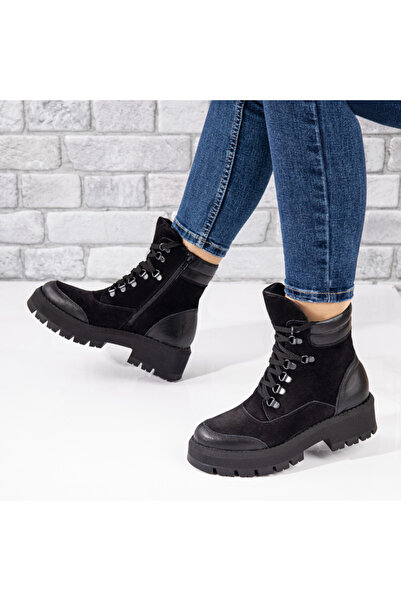 Modlet.ro Γυναικείες μαύρες μπότες από γνήσιο δέρμα με κορδόνια και φερμουάρ ...
