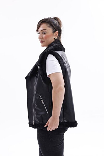 BRGCLOTHING Vestă din piele cu guler și detaliu de blană în interior