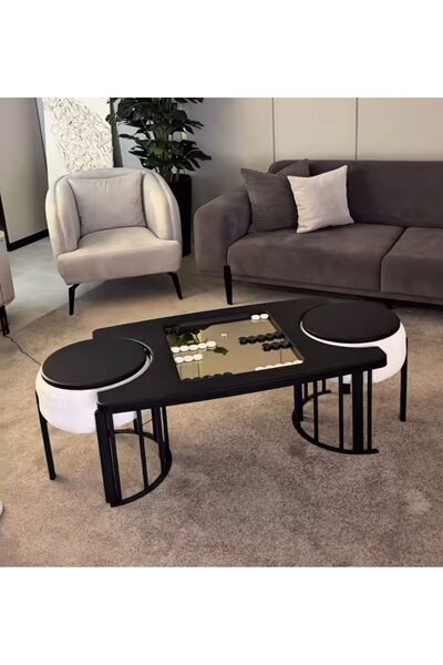 Haliloğlu Tavla Sehpası Takımı, 2 Puf ve Oyun Sehpası, Siyah
