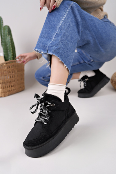 moda sara Γυναικείες Μπότες Μαύρες Suede Shearling