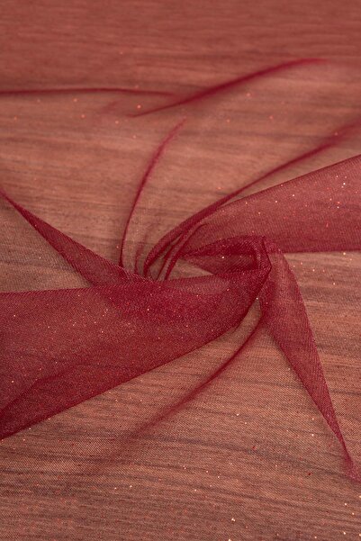 Kumaş Deposu Viktorya Simli Tül Bordo Renk Kumaş