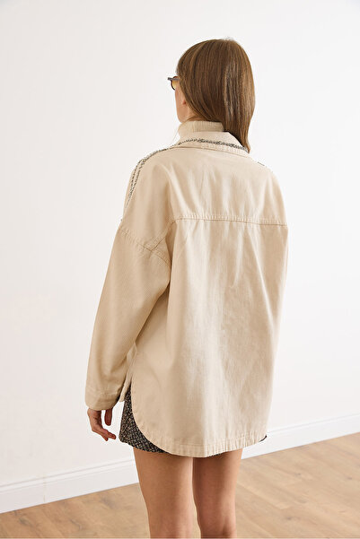 Olalook Women's Stone Shoulder Pockets Stone Detailed Cotton Gabardine Jacket Ckt-19000470