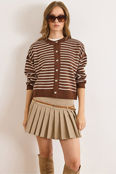 Olalook Women's White Coffee Color Stripe Detailed Bicycle Cardigan Knitwear Cardigan Hrk-19000412