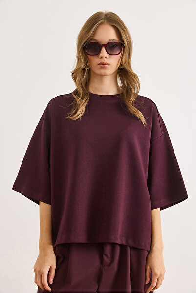Olalook Γυναικείο μπλουζάκι με λαιμόκοψη μπορντό Oversize Interlock TSH-19000936