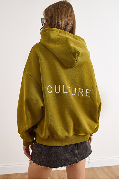 Olalook Kadın Yağ Yeşili Sırt Culture Nakışlı Şardonlu Oversize Sweatshirt SWT-19000755
