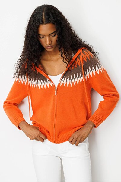 Desen Triko Women's Hooded Robe Argyle Cardigan Orange