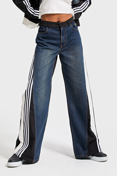 its basic Women's Denim Color Double Piece Fabric Stripe Detailed Loose Fit Special Design Denim Jean