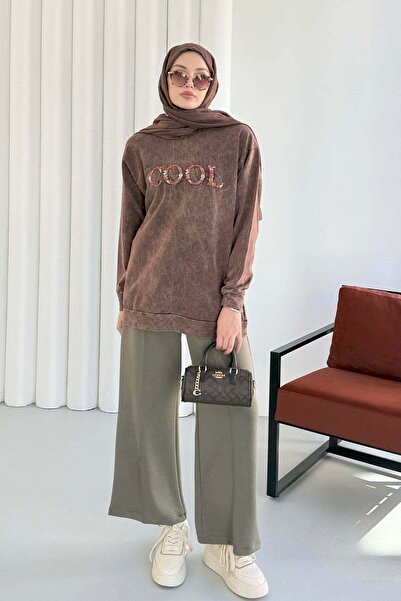 Hatun Atila Велосипедна туника с бродерия на врата, подходяща за пране 8920 - кафява