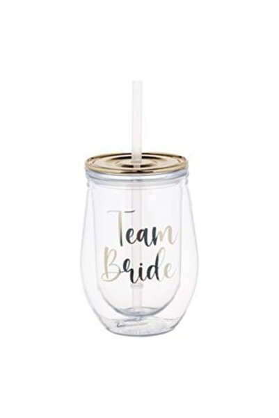 OEM Plastic Transparent Cup with Double Walls & Straw Golden Foil "Team Bride...