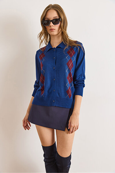 Olalook Women's Navy Blue Baklava Pattern Soft Textured Knitwear Cardigan Hrk-19000415