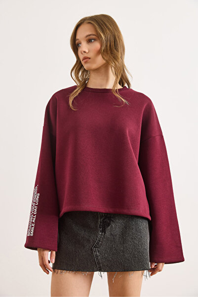 Olalook Kadın Bordo Geniş Kol Detaylı Şardonlu Oversize Sweatshirt SWT-19000752