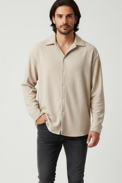NO 601 Men's Beige Crepe Fabric Oversize Cut Shirt