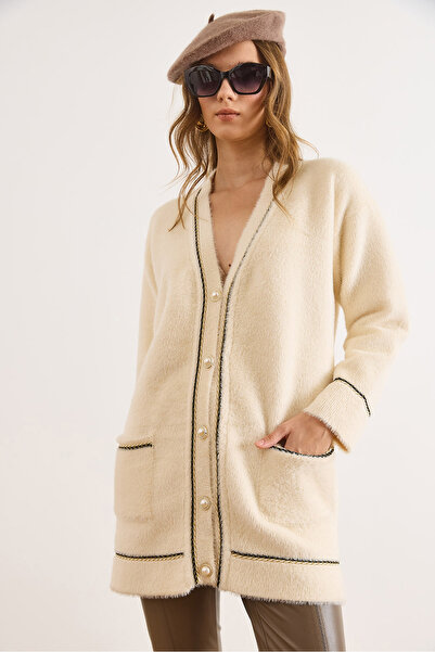 Olalook Women's Ecru Foil Thread Detailed Thick Pocketed Long Beard Cardigan Hrk-19000408
