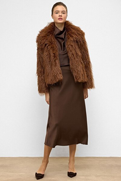 Olcay Oversize Long Fur Faux Fur Coat Taba 1011