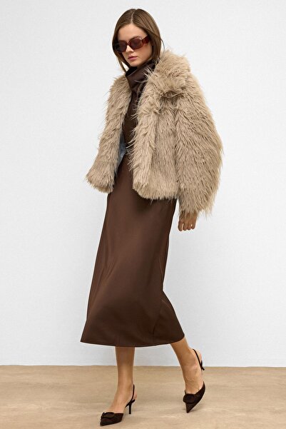 Olcay Oversize Long Fur Faux Fur Coat Stone 1011