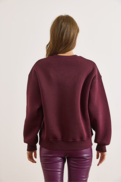 Olalook Women's Burgundy Embroidered Embroidered Sweatshirt Swt-19000754