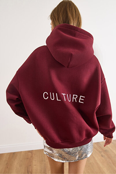 Olalook Kadın Bordo Sırt Culture Nakışlı Şardonlu Oversize Sweatshirt SWT-19000755