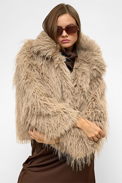 Olcay Oversize Long Fur Faux Fur Coat Stone 1011