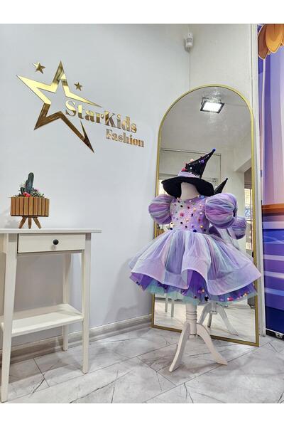 Star Kids Girl's Lilac Rainbow Witch Costume, Purple Witch Dress and Hat Set