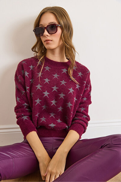 Olalook Women's Burgundy Star Detailed Beard Knitwear Sweater Kzk-19001008