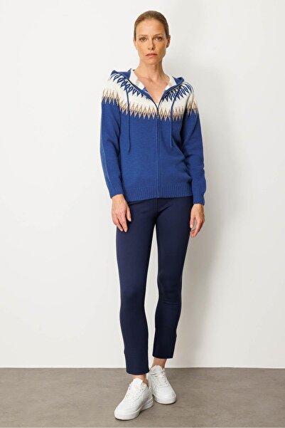 Desen Triko Women's Hooded Robe Argyle Cardigan Blue