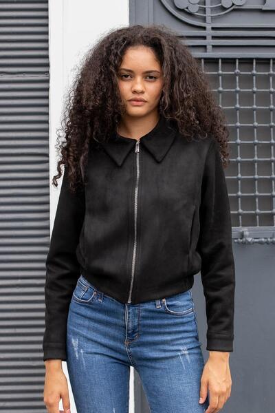 Jument Women's Lightweight Lycra Suede Fabric Collared Zippered Short Jacket with Elastic Back and Pockets - Black