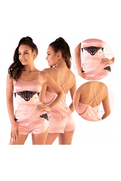 Livco Corsetti - Set pijamale pentru femei, 2 piese, roz, dantelă neagră, L-XL