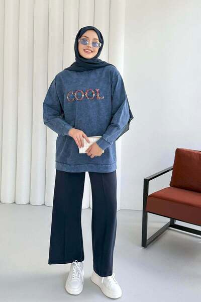 Hatun Atila Tunica lavabilă cu broderie în față cu decolteu rotund 8920 - Albastru