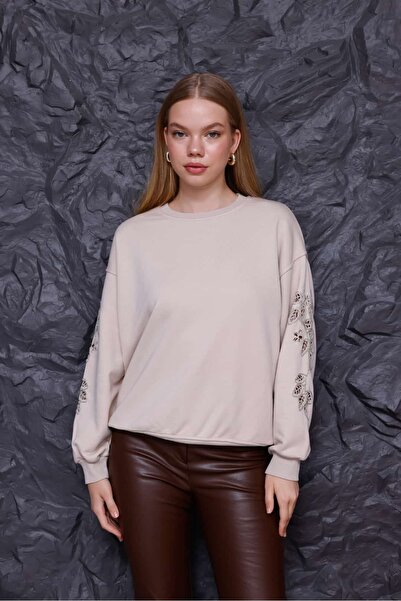 Pulli Collection Bej Nakış ve Taş İşlemeli Oversize Sweatshirt