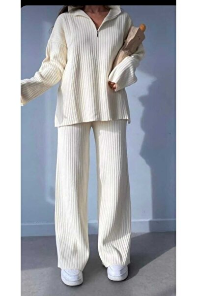 Cemre Life Ribbed Collar Zipper Detailed Knitwear Set