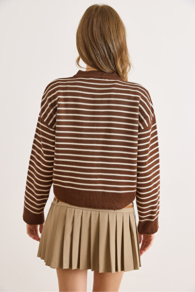 Olalook Women's White Coffee Color Stripe Detailed Bicycle Cardigan Knitwear Cardigan Hrk-19000412