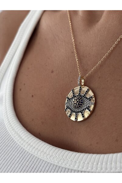 mysteriajewelry Çelik Daire Plaka Lacivert Taş Detay Göz Kolye