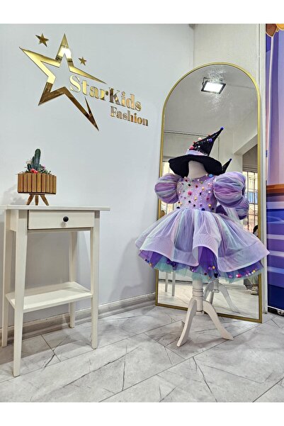 Star Kids Girl's Lilac Rainbow Witch Costume, Purple Witch Dress and Hat Set