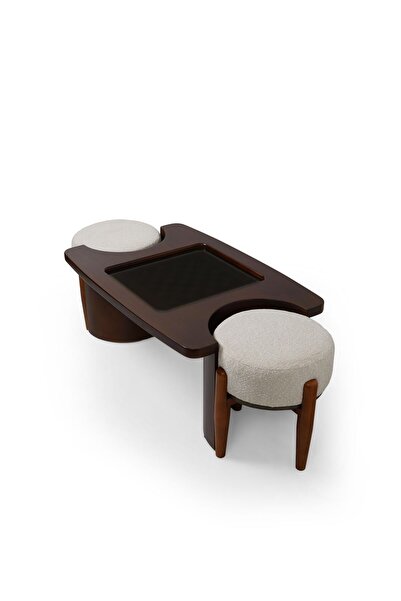 Haliloğlu Tavla Sehpası Takımı, 2 Puf ve Oyun Sehpası, Koyu Ceviz