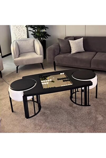 Haliloğlu Tavla Sehpası Takımı, 2 Puf ve Oyun Sehpası, Siyah