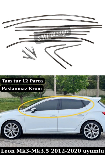 SML Dizayn Seat Leon Mk3-Mk3.5 Krom Cam Çıtası Nikelaj 2012-2020 Tam Tur