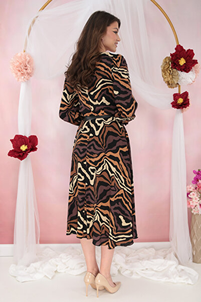 Trend Land Black midi dress with beige abstract print and a belt at the waist