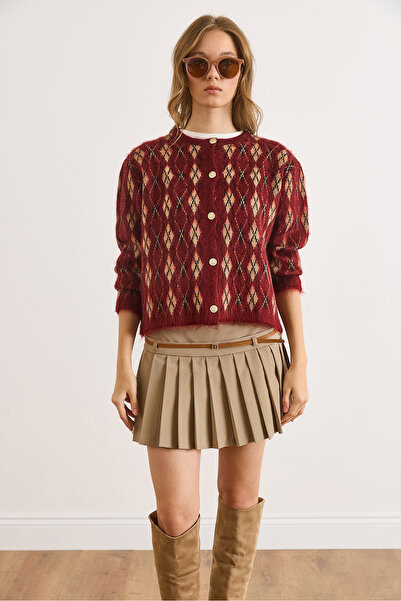 Olalook Women's Burgundy Tiny Diamond Patterned Embroidered Knit Cardigan Hrk-19000411