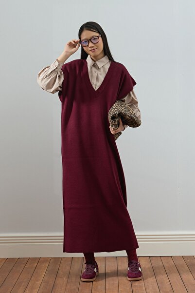 Ceylan Otantik Bordo Triko V Yaka Jile