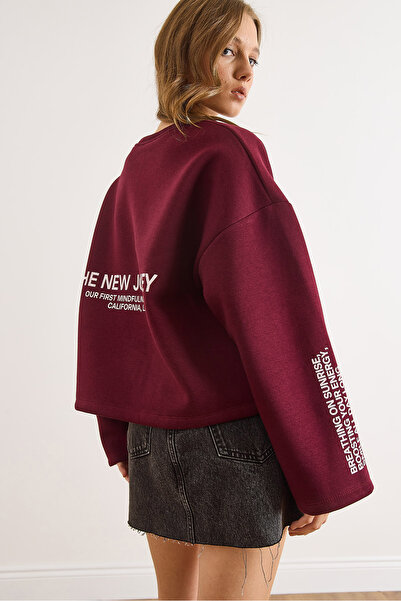 Olalook Kadın Bordo Geniş Kol Detaylı Şardonlu Oversize Sweatshirt SWT-19000752