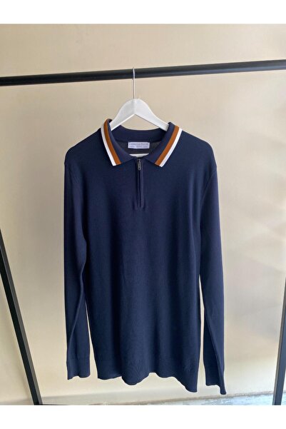 Markasız ucuz سترة رجالية بياقة بولو وسحاب باللون الأزرق الداكن