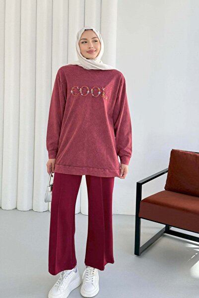 Hatun Atila Tunica lavabilă cu broderie în față cu gât rotund 8920 - roșu