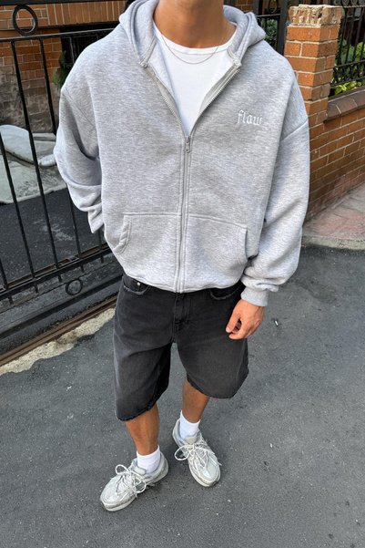 Flaw Wear Flaw Embroidered Zip Hoodie Gray Melange
