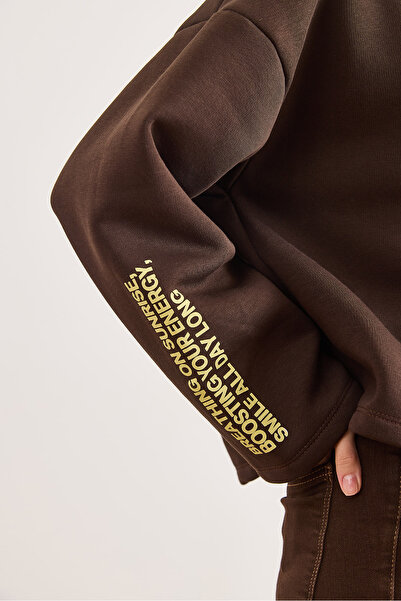 Olalook Kadın Acı Kahve Geniş Kol Detaylı Şardonlu Oversize Sweatshirt SWT-19000752