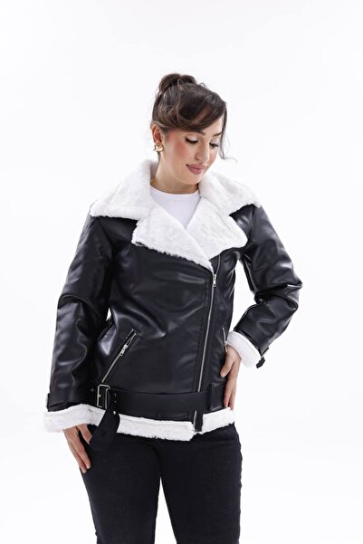 BRGCLOTHING معطف جلدي بتفاصيل حزام فرو على الياقة