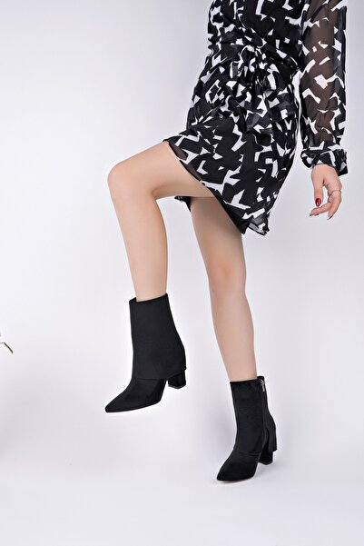 MUGGO İMPERA Sivri Burun Kalın Topuklu Fermuarlı Kadın Bot