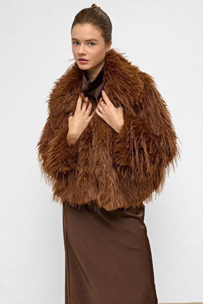 Olcay Oversize Long Fur Faux Fur Coat Taba 1011