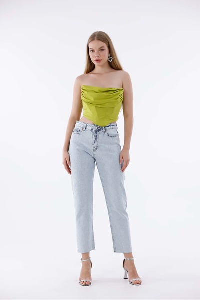 Pulli Collection Baklava Desen Taş İşlemeli Yüksek Bel Mom Fit Jean Pantolon - Açık Mavi