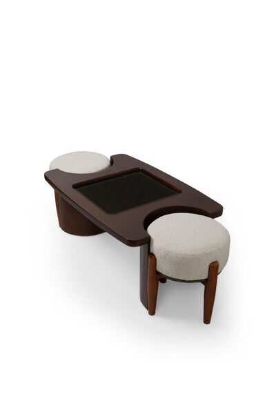 Haliloğlu Satranç Sehpası Takımı, 2 Puf ve Oyun Sehpası, Koyu Ceviz